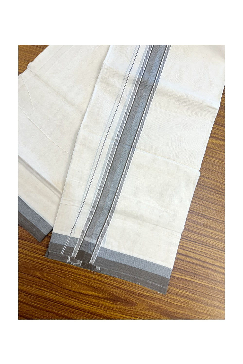 20% DISCOUNT!! KaithariKada Balaramapuram 100% Cotton OFF WHITE Double - (Unbleached) Mundu/Dhoti - 100X80 - 1.5 inch Ash Blue & Brown Shaded Kara with Side Stripes - 68KK5213 VIN