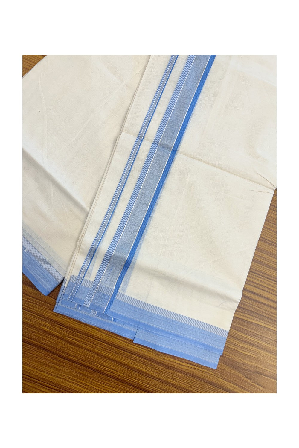 20% DISCOUNT! KaithariKada Balaramapuram 100% Cotton Double OFF WHITE (unbleached) Mundu/Dhoti- 100x80- 1.75 inch Silver Kasavu Sky Blue Stripes Shaded Kara 4 mtr (8.5 muzham) - 68KK5227 PMC