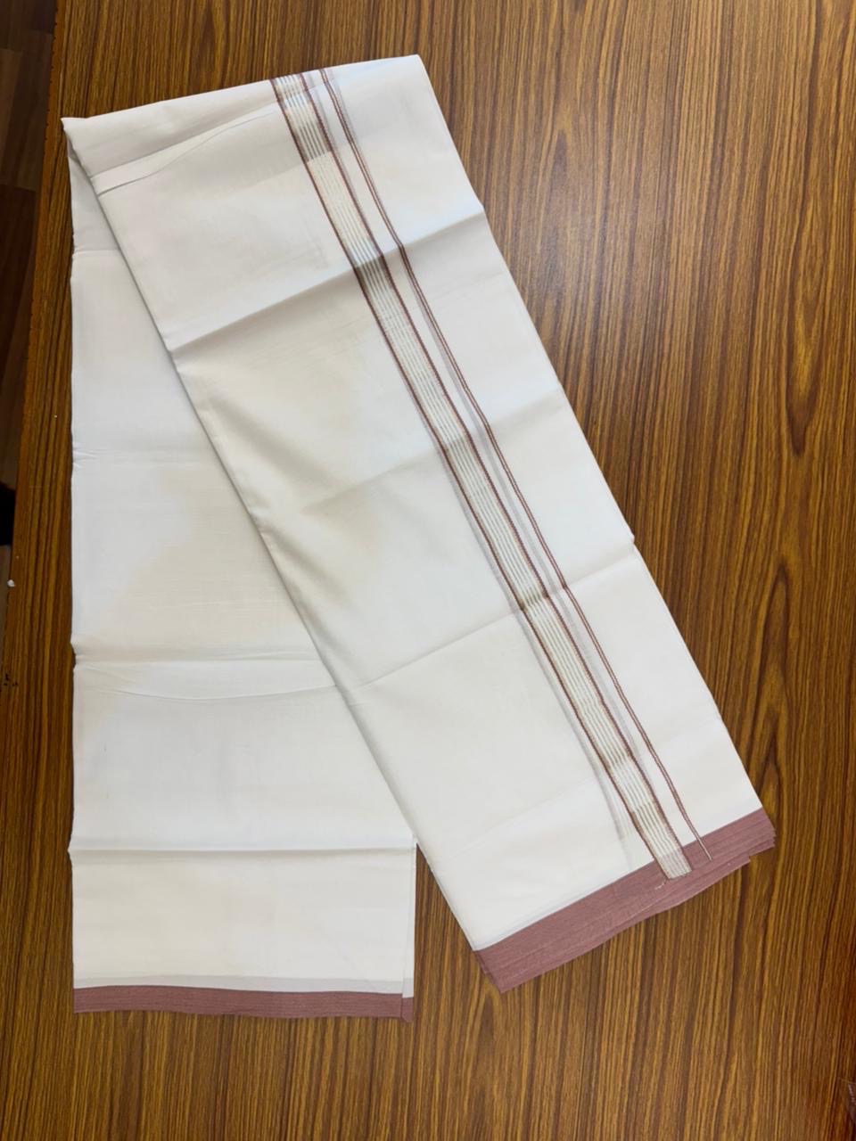 20% Discount ! Kaitharikada Balaramapuram 100% Cotton Pure White Double Mundu/Dothi - 100x80 - 0.75 inch Silver Kasav & Dusty Rose Striped Kara 4 mtr (8.5 muzham) - 59 KK5255 VAS