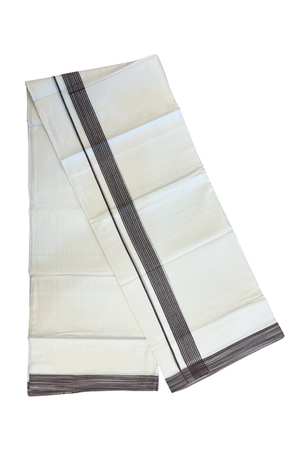 20% Discount ! Kaitharikada Balaramapuram 100% Cotton PURE WHITE Double Mundu/Dothi - 100x80 - 1.25 inch Chocolate Brown Shaded Design Striped Kara - 69KK5182VAS