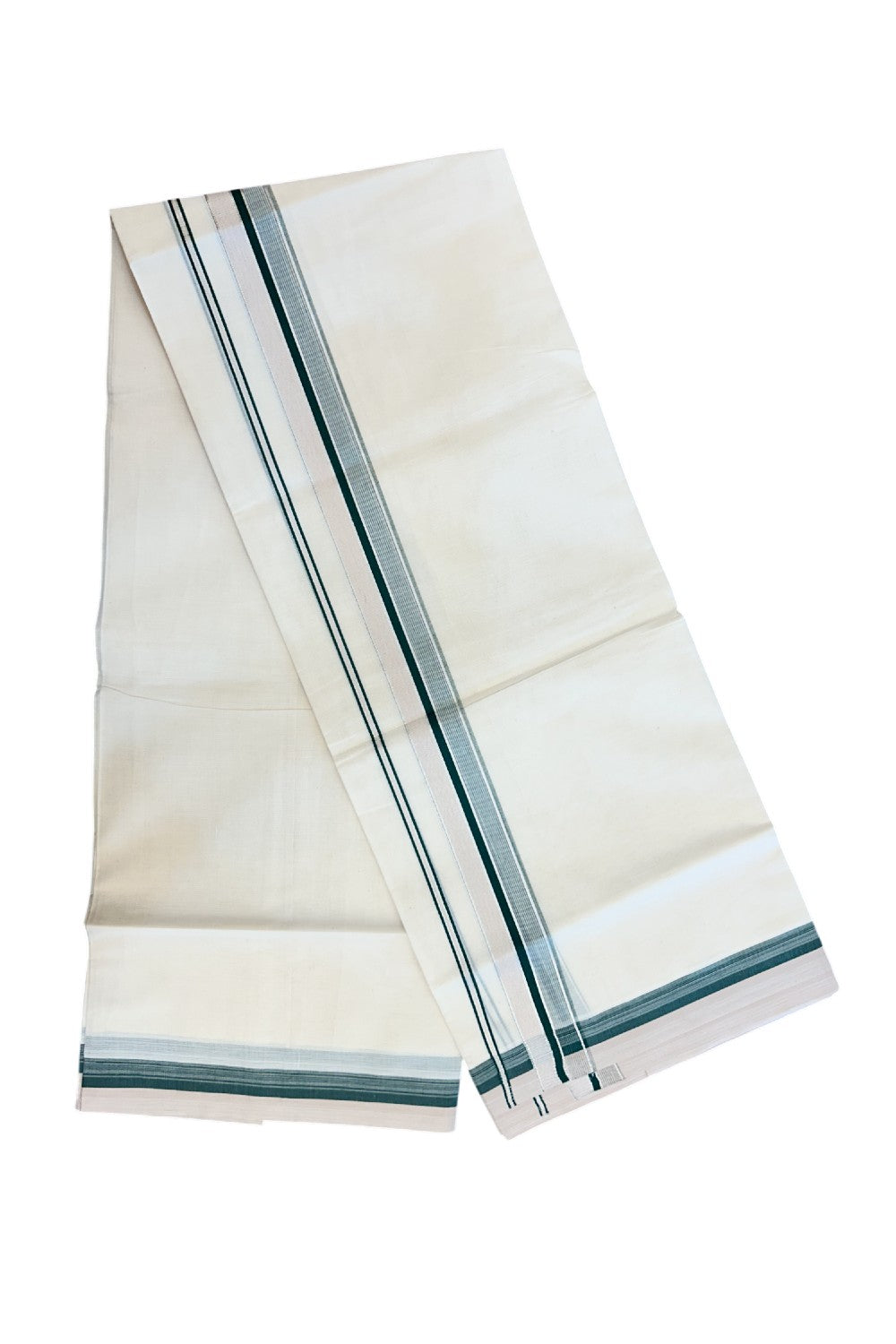 20% DISCOUNT! KaithariKada Balaramapuram 100% Cotton Double OFF WHITE (unbleached) Mundu/Dhoti- 100x80- 1.5 inch Silver Kasavu Dark Green & Creamy Peach Stripes Shaded Kara 4 mtr (8.5 muzham) - 69KK5227 PMC