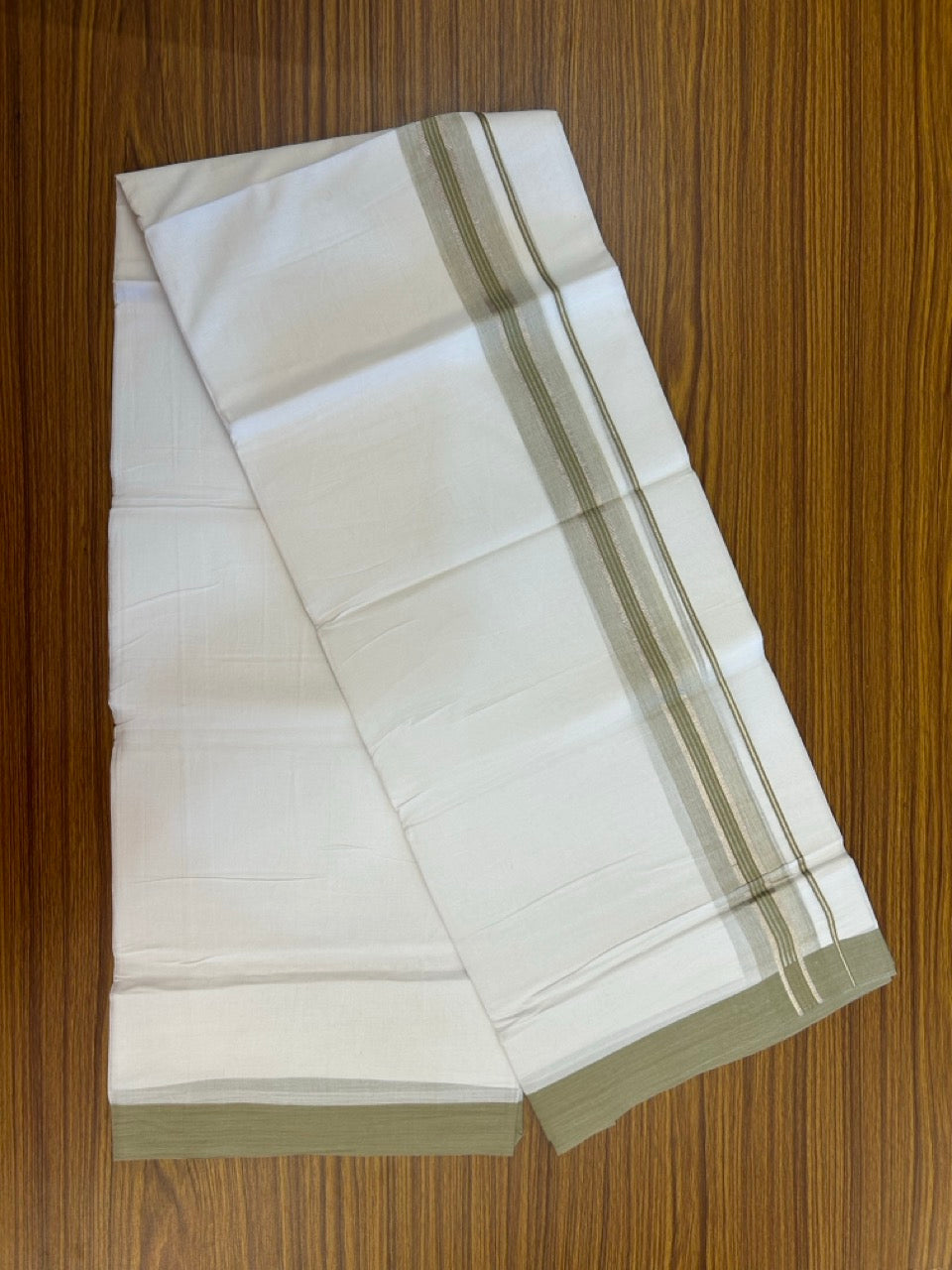 4.5 Meters (10 Muzham) - Pure white double 20% Discount ! KaithariKada Balaramapuram - 100% Pure Cotton 100x80 - Mundu/Dothi - 1.75 inch Sage Green Shaded Silver Kasav Kara - 69 KK5258 THI