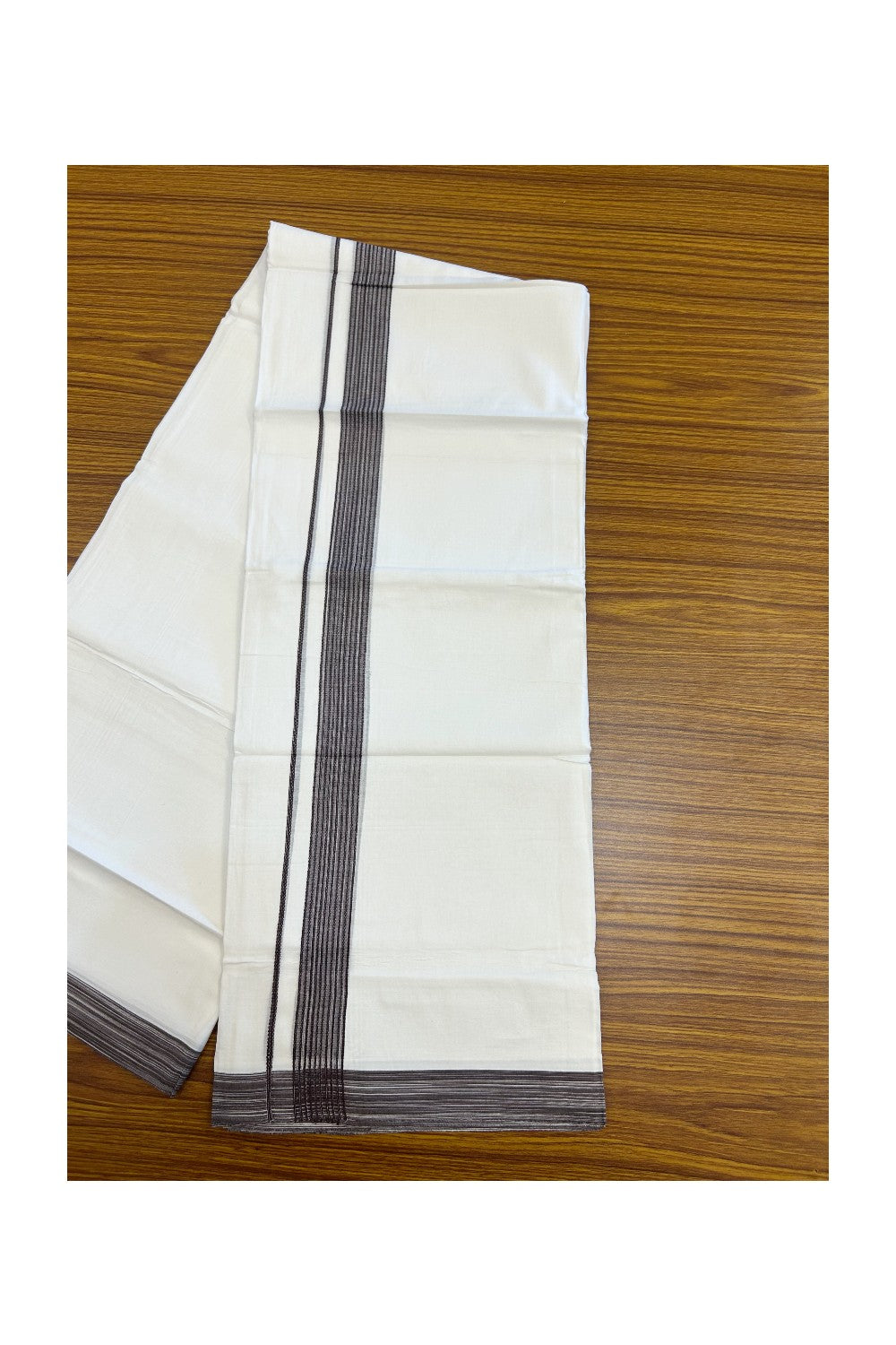 20% Discount ! Kaitharikada Balaramapuram 100% Cotton PURE WHITE Double Mundu/Dothi - 100x80 - 1.25 inch Chocolate Brown Shaded Design Striped Kara - 69KK5182VAS