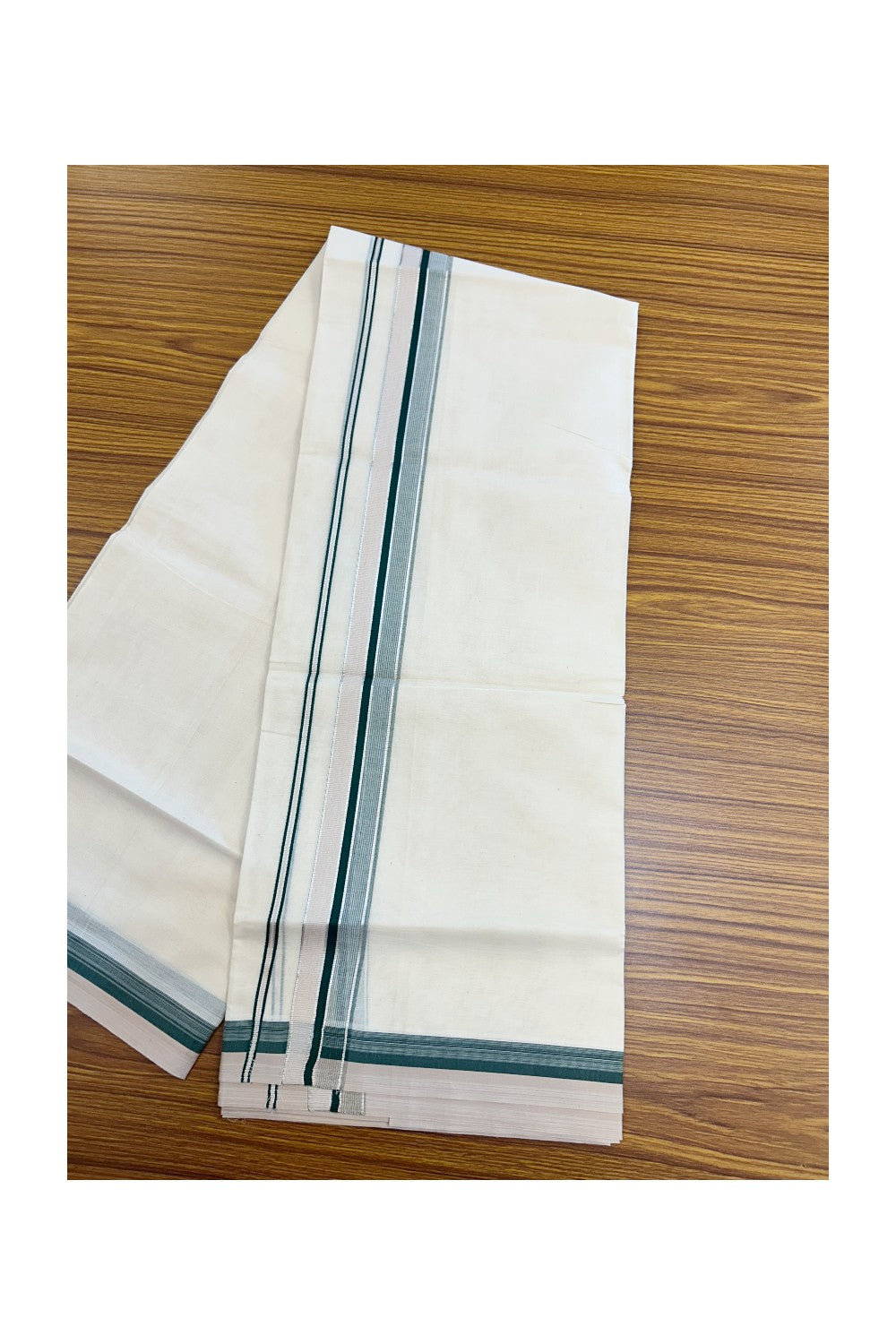 20% DISCOUNT! KaithariKada Balaramapuram 100% Cotton Double OFF WHITE (unbleached) Mundu/Dhoti- 100x80- 1.5 inch Silver Kasavu Dark Green & Creamy Peach Stripes Shaded Kara 4 mtr (8.5 muzham) - 69KK5227 PMC