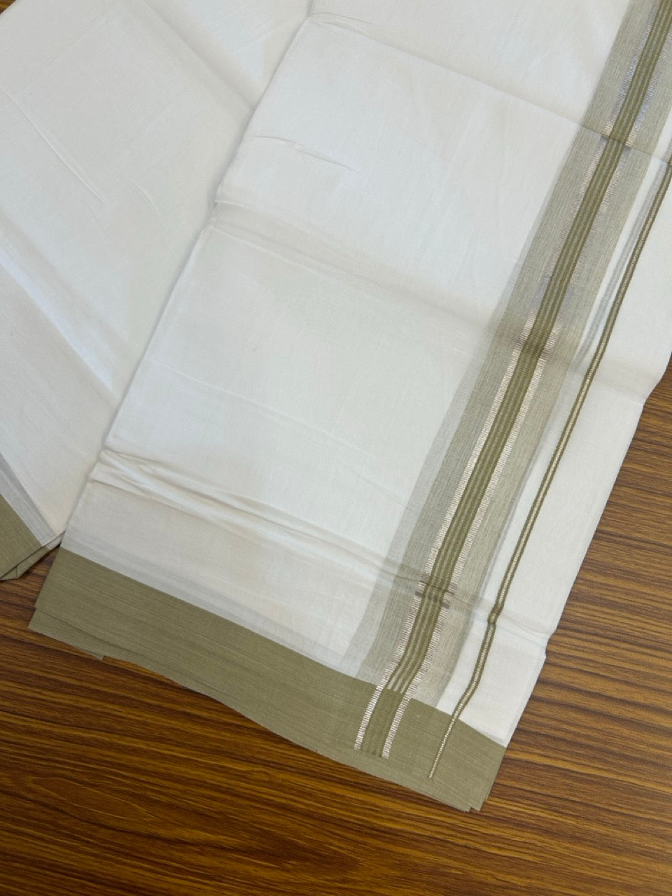 4.5 Meters (10 Muzham) - Pure white double 20% Discount ! KaithariKada Balaramapuram - 100% Pure Cotton 100x80 - Mundu/Dothi - 1.75 inch Sage Green Shaded Silver Kasav Kara - 69 KK5258 THI
