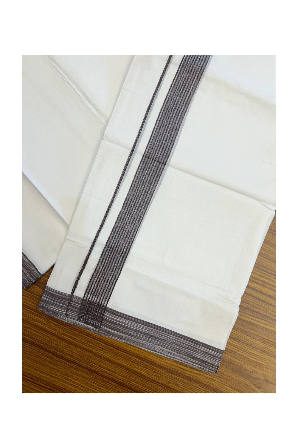 20% Discount ! Kaitharikada Balaramapuram 100% Cotton PURE WHITE Double Mundu/Dothi - 100x80 - 1.25 inch Chocolate Brown Shaded Design Striped Kara - 69KK5182VAS