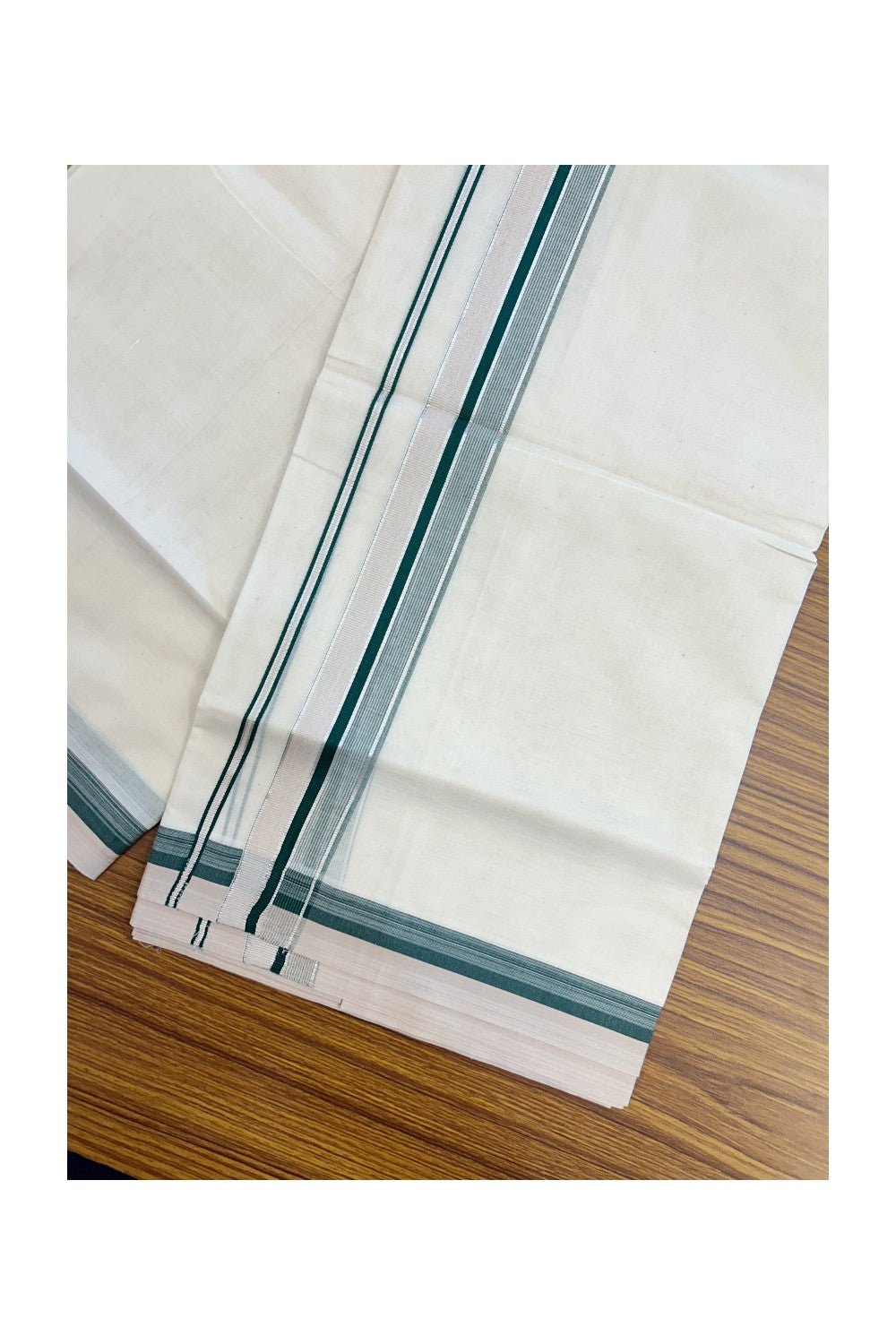 20% DISCOUNT! KaithariKada Balaramapuram 100% Cotton Double OFF WHITE (unbleached) Mundu/Dhoti- 100x80- 1.5 inch Silver Kasavu Dark Green & Creamy Peach Stripes Shaded Kara 4 mtr (8.5 muzham) - 69KK5227 PMC