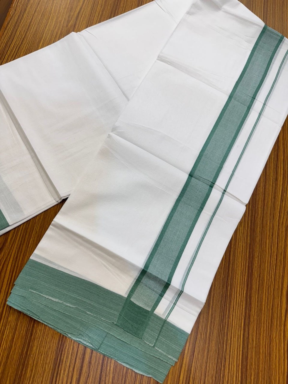 20% Discount ! KaithariKada Balaramapuram 100% Cotton Double Pure white Mundu/Dhoti- 100x80 - 1.75 inch Mint Green shaded Kara - 3.90mtr ( 8 muzham) - 33 KK5251 PMC