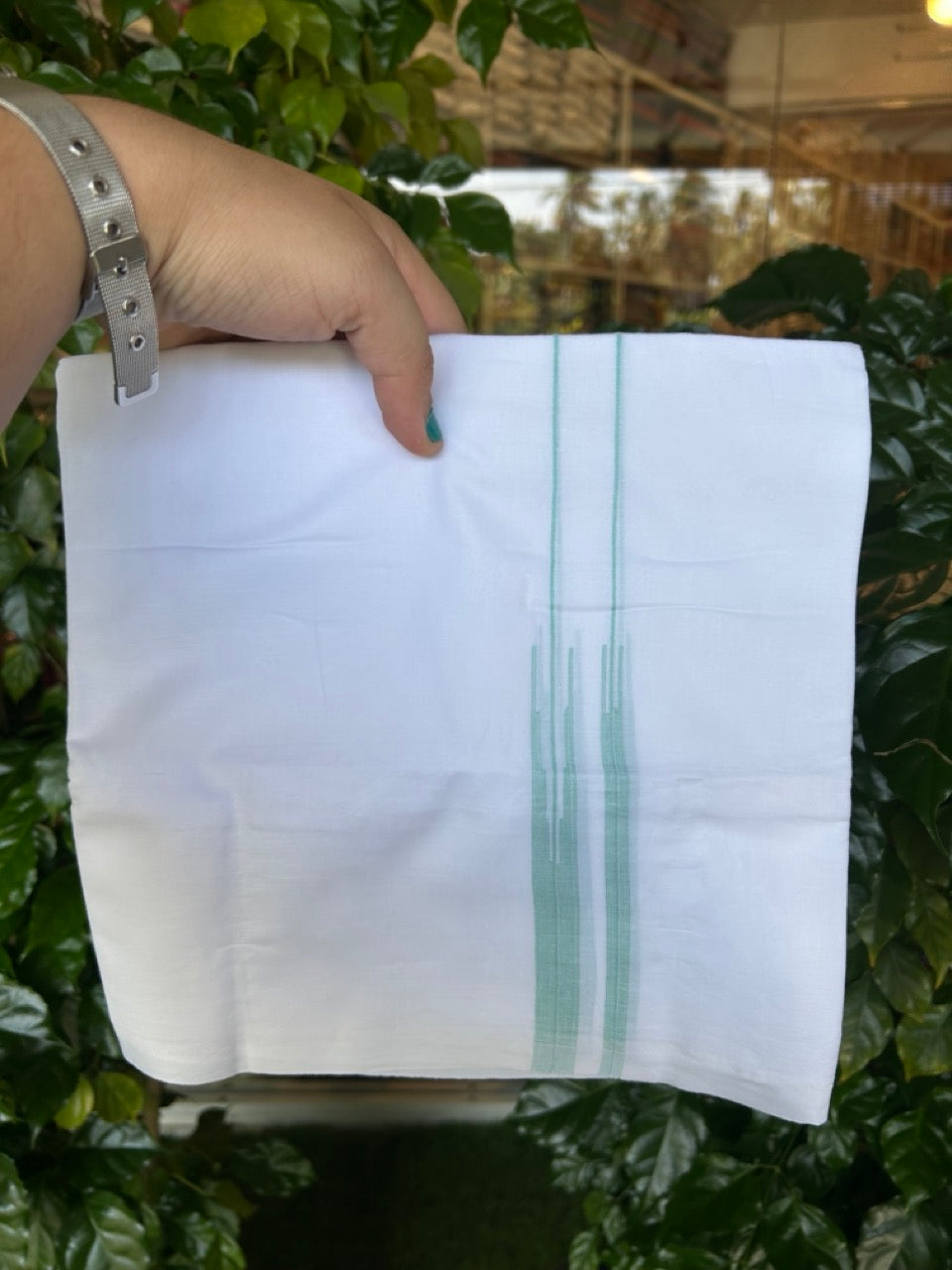 20% DISCOUNT!! NEW!! KaithariKada Balaramapuram 100% Cotton PURE WHITE Double Mundu/Dhoti - (100x80)s - 0.75 inch Turquoise Line chutty - 7 KK5249 VIN
