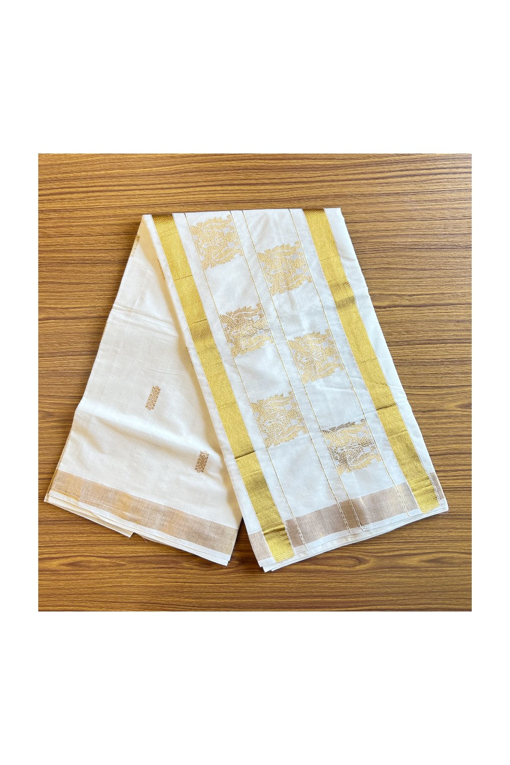 25% Discount! Kaitharikada Kerala Cotton Saree Off white - 12 inch Kasavu Saree with Peacock Pattern putta Design -7KK1003HAR