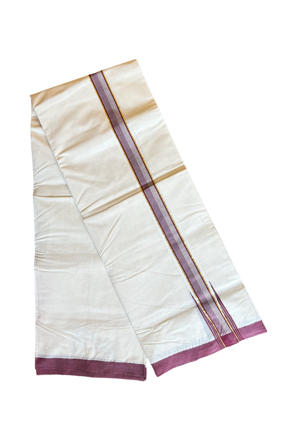 24% DISCOUNT ! KaithariKada 100% Cotton OFF WHITE (Unbleached) Double Dhoti/Mundu- 2inch Puliyilakkara Maroon & Kasavu Wings Chutty - 7KK423ASH