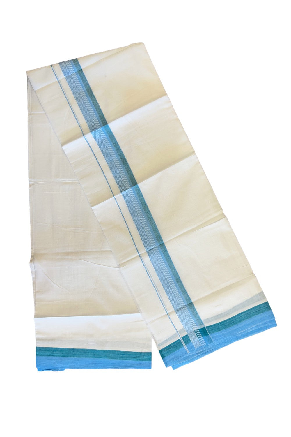 26% DISCOUNT!!! KaithariKada Balaramapuram 100% Cotton PURE white Double Mundu/Dhoti-100x90 2 Inch Sky Blue & Green shaded White stripes kara - 7KK448VIN