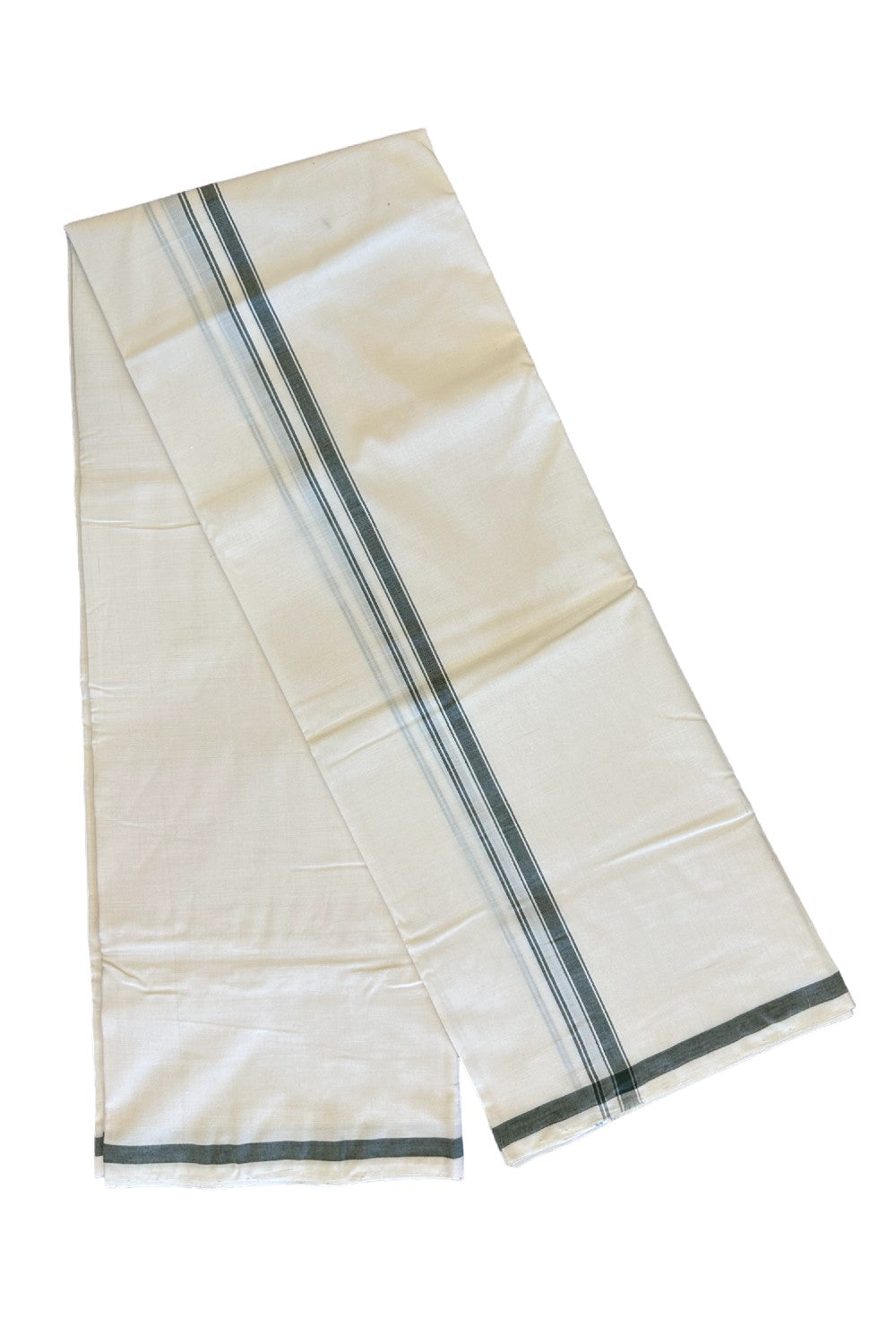 120X120 PREMIUM Kaitharikada Exclusive - 25% DISCOUNT! BALARAMAPURAM HANDLOOM Unakkupaavu - 100% PURE Cotton Double Mundu/Dhoti OFF WHITE (Unbleached) - 1 inch Green Striped Kara - 7KK477KAL