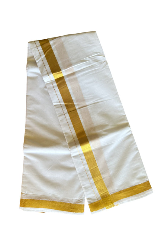15% DISCOUNT! KaithariKada Cotton Mix - PURE White - 80x80 thread - 80% Cotton & 20% Polyester -NORTH INDIAN - ATTACHED GAMCHA 9X5 Dhoti- Gold KASAVU 1.75 inch & Border - 9KK5008PMC