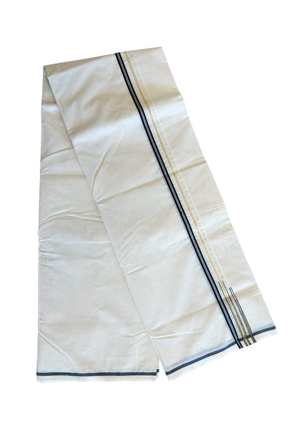 21% Discount!!! KaithariKada Balaramapuram 100% Cotton off white Double - (Unbleached) Mundu/Dhoti-100x100 0.5 inch Double Puliyilakkara Chutty Black Stripes & Kasavu - 7KK5012ASH