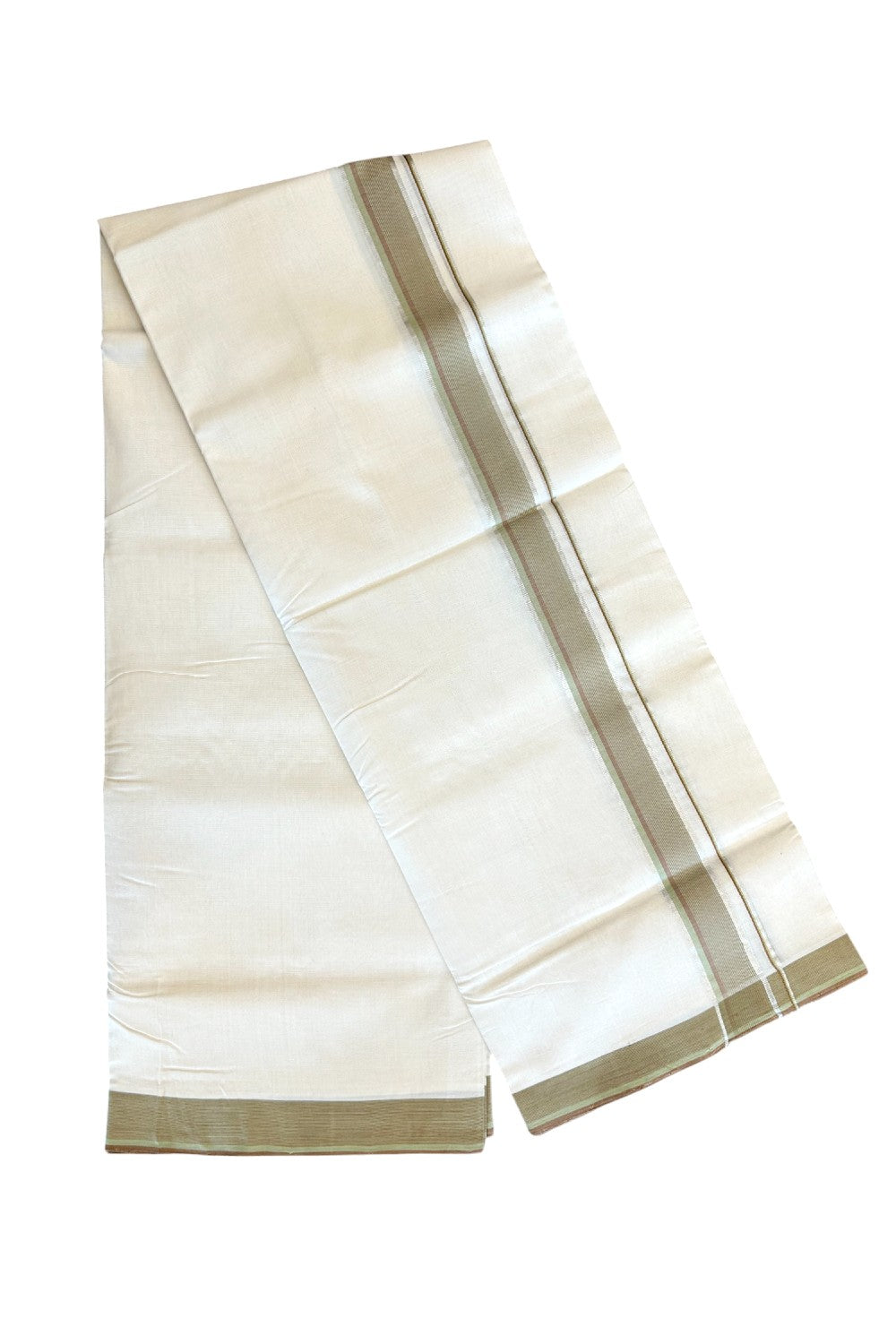 25% DISCOUNT!! KaithariKada HANDLOOM Unakkupaav Balaramapuram - 100% PURE Cotton OFF White - (Unbleached) Double Mundu/Dothi - 1.75 inch Green Brown & Silver striped pattern kara - 47KK403RAM
