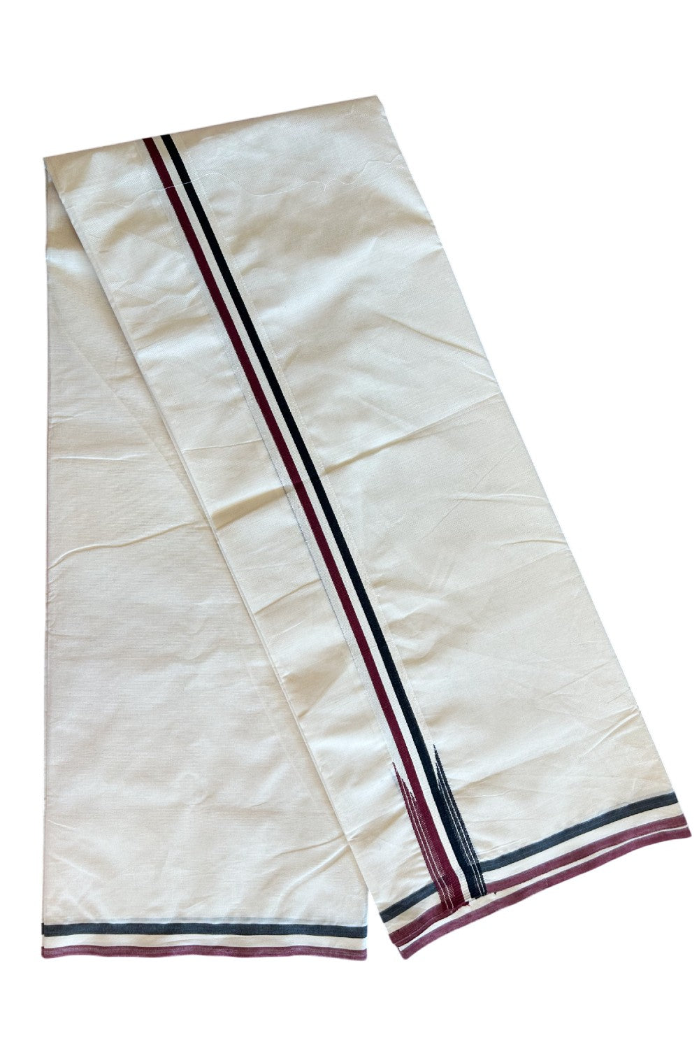 ADMK VESHTI - 25% DISCOUNT! KaithariKada 100% Cotton off white Double - (Unbleached) Mundu/Dhoti - 100X100 - 1 inch Black White & Maroon Striped Wings Chutty kara 3.80 meter (8 Muzham) - 7KK5079ASH