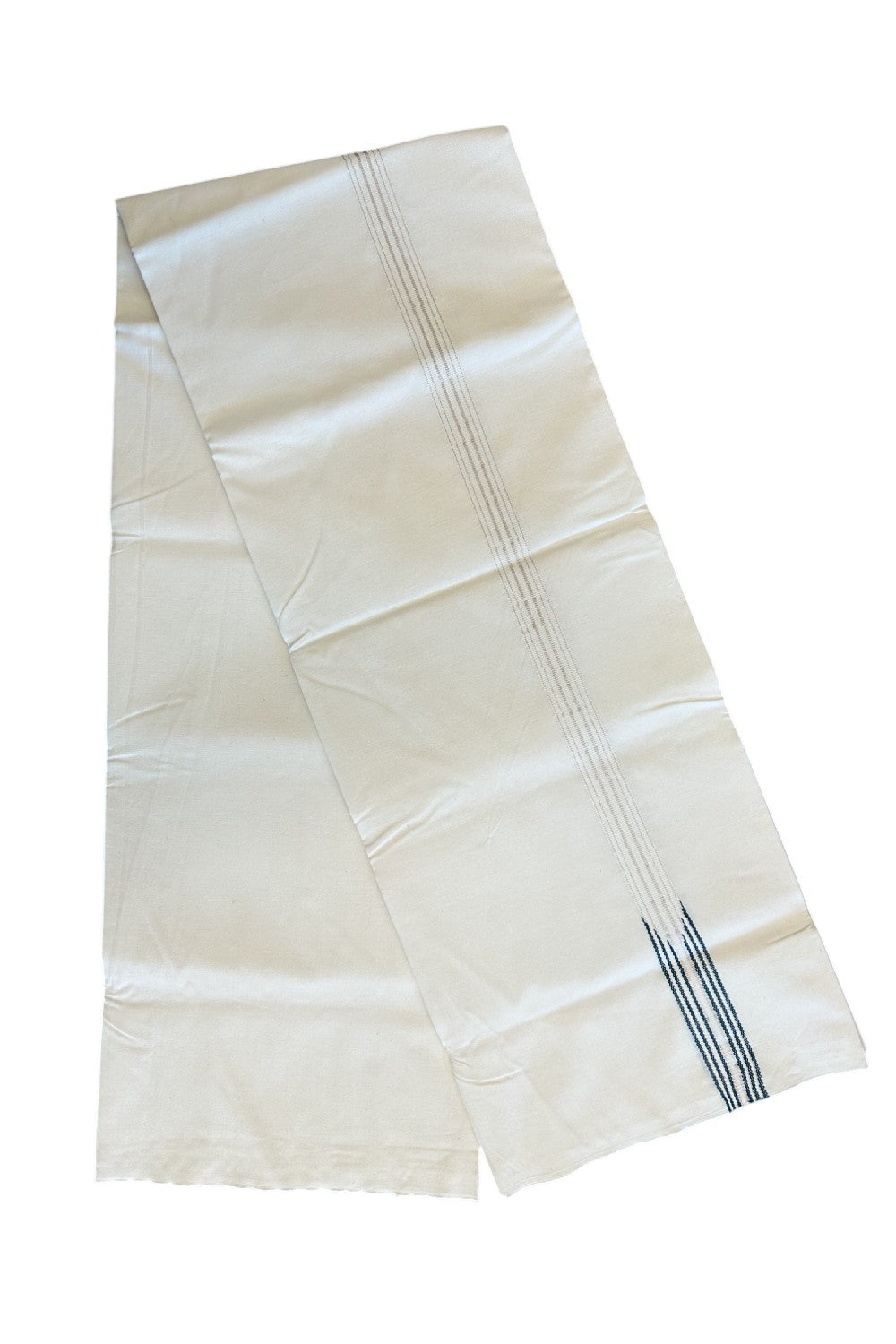 31% DISCOUNT ! KaithariKada Balaramapuram 100% COTTON SINGLE OFF WHITE (Unbleached) Mundu/Dhoti-100X100- 1 Inch 6 Line Puliyilakkara Silver Kasavu & Dark Green Chutty Kara (2 metre / 4 muzham) - 7KK5084ASH