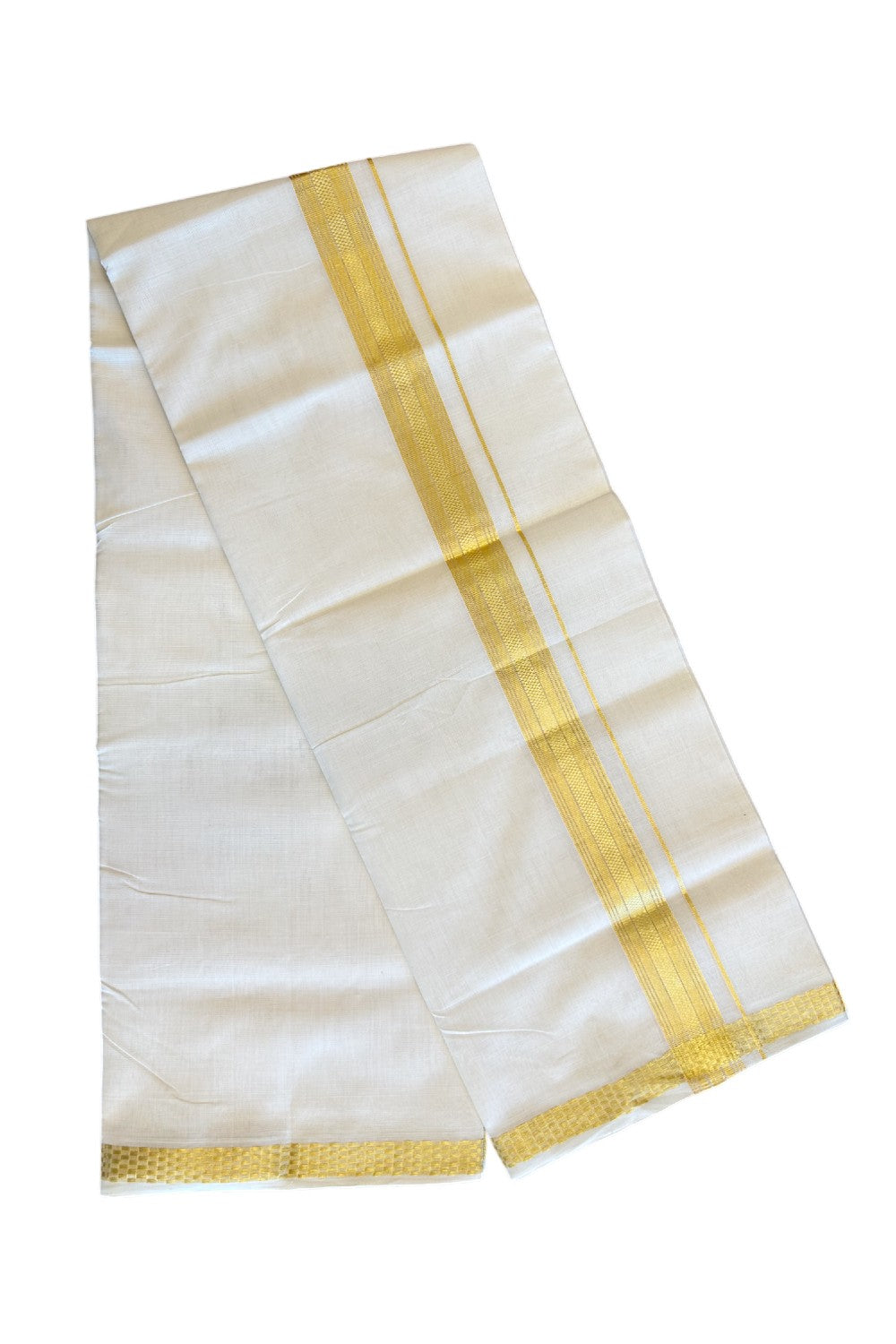 25% DISCOUNT ! KaithariKada HANDLOOM Unakkupaav Balaramapuram - 100% PURE Cotton Off White - (Unbleached) Double Mundu/Dhoti - 100x100 5.5 cm Kasavu Stripes kara - 7KK5097ABH