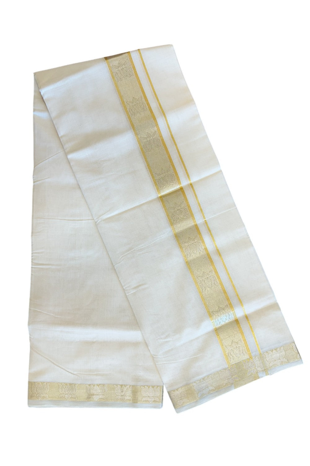 25% DISCOUNT ! KaithariKada HANDLOOM Unakkupaav Balaramapuram - 100% PURE Cotton Off White - (Unbleached) Double Mundu/Dhoti - 2.5 inch Gold Kasavu & Silver Lotus Design Kara - 7KK5107ABH
