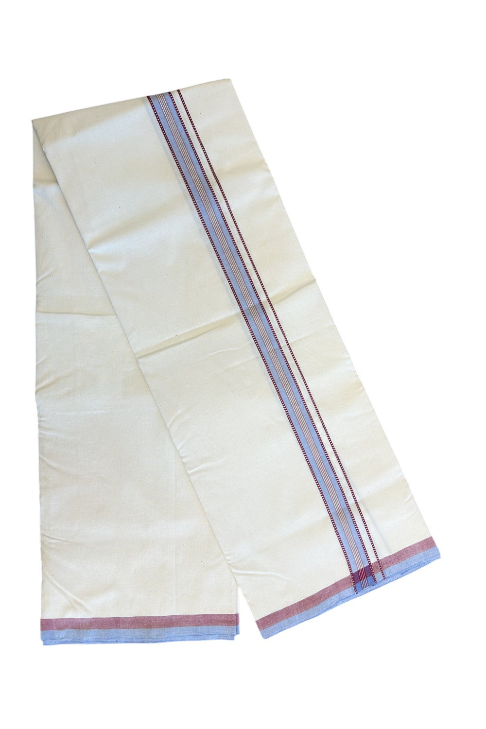 SIGNATURE KAITHARIKADA EXCLUSIVE SINGLE DHOTI - 30% Discount!! 100% Cotton Balaramapuram HANDLOOM Single Mundu/Dhoti - Off White - (Unbleached) 1 inch Lavender Blue & Maroon Silver Kasavu White stripes Muthukuri kara (2 meters /4 muzham) - 6KK5131KAI