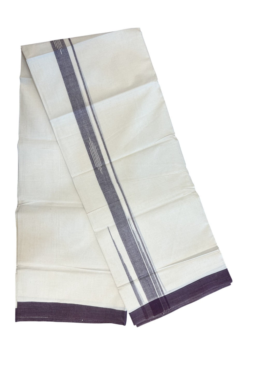 25% DISCOUNT! KaithariKada Balaramapuram Double OFF WHITE 100% Cotton Mundu/Dhoti - 100x80 - 2 inch Putta Design Wine Purple chutty kara - 7KK5174THI