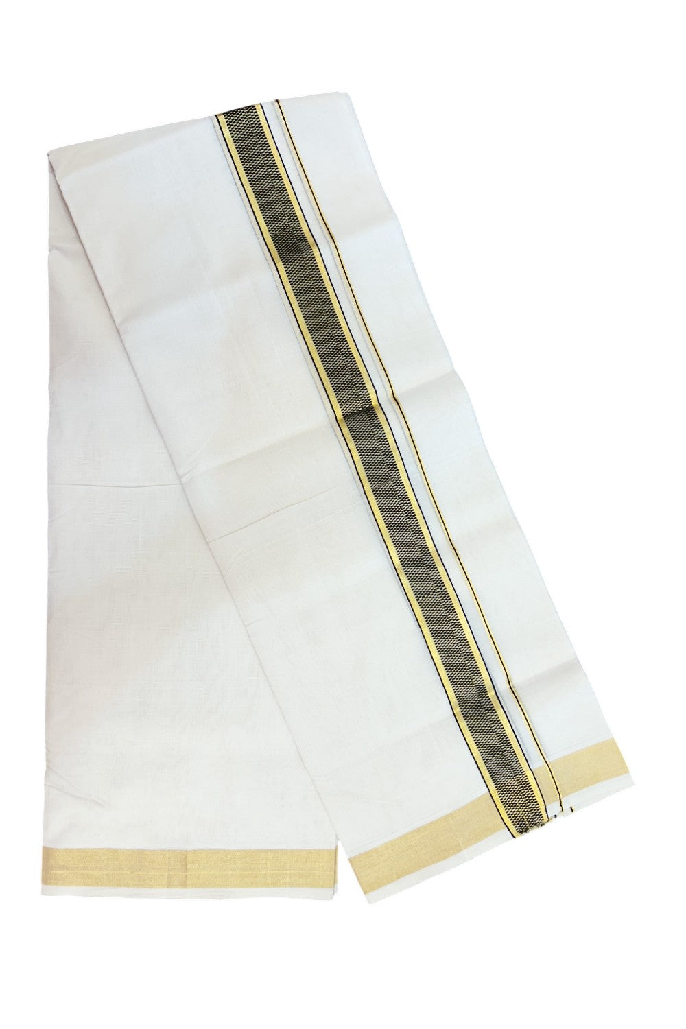 25% DISCOUNT ! KaithariKada HANDLOOM Unakkupaav Balaramapuram - 100% PURE Cotton Off White - (Unbleached) Double Mundu/Dhoti - 100x100 - 1.5 inch Gold Kasavu Black Jacquard Designer Kara - 7KK5176ABH
