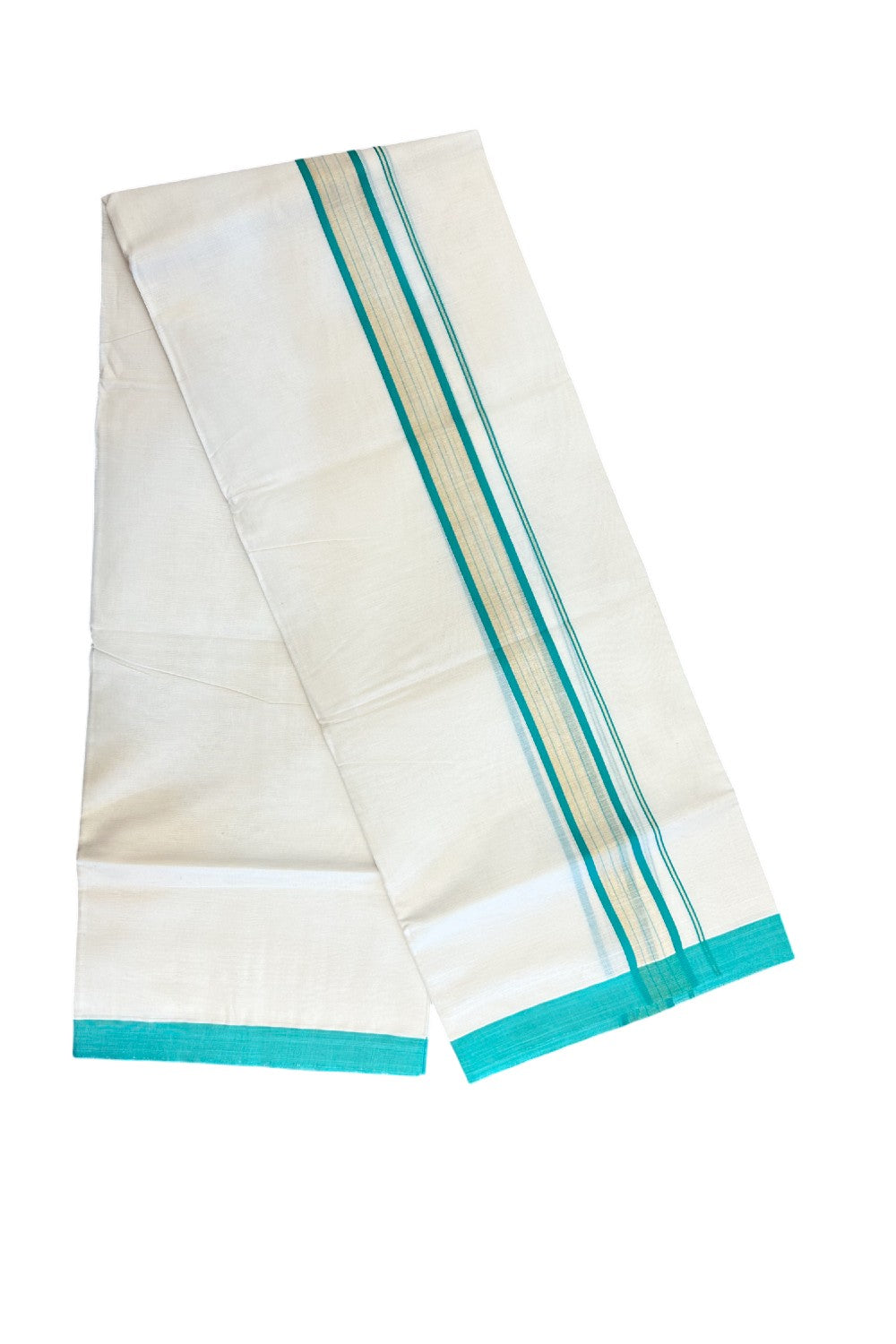 20% DISCOUNT! KaithariKada Balaramapuram Double OFF WHITE Mundu/Dhoti - 80x90 - 1.75 Inch Tissue Turquoise Green striped Kara - 7KK5182VAS