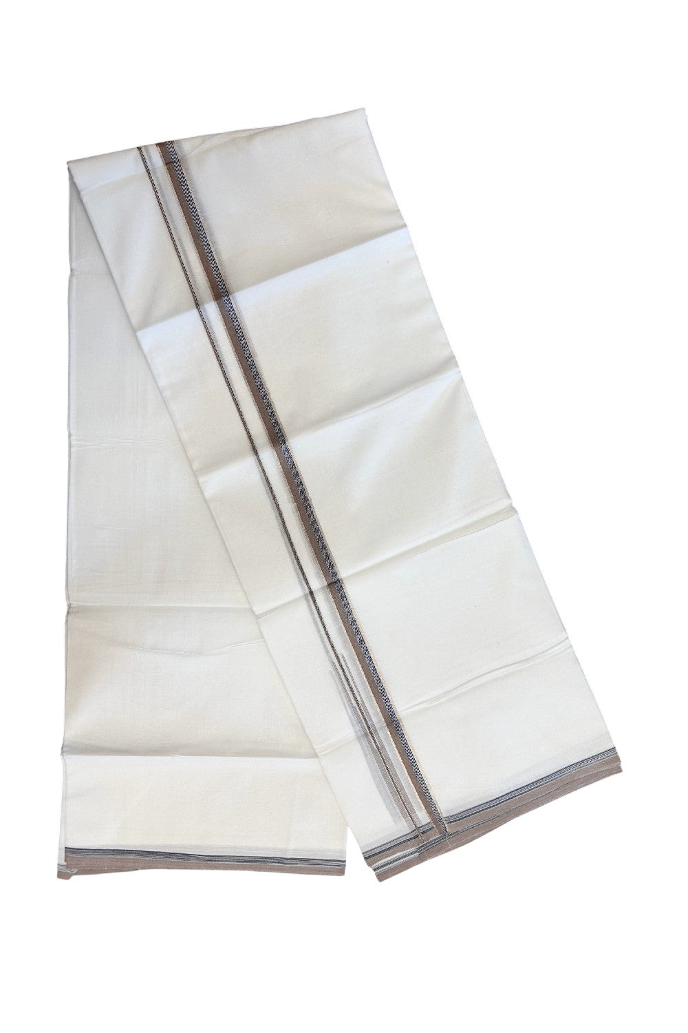 20% Discount !! Kaitharikada Balaramapuram 100% Cotton PURE WHITE DOUBLE Mundu/Dothi- 100X80 Thread - 0.5 inch - Silver Kasavu Black & Grey Brown Design Chutty Kara - 7KK5184RAMS