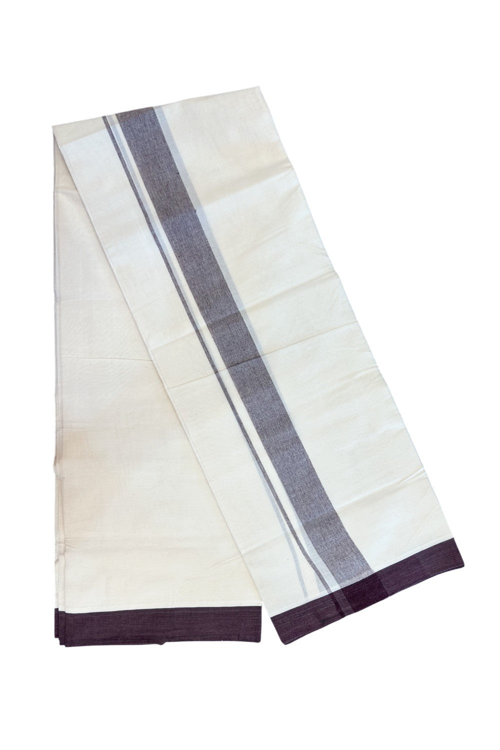 20% Discount ! Kaitharikada Balaramapuram 100% Cotton Double Off white (Unbleached) Mundu/Dhoti - 100x80 - 1.75 inch Wine Purple shaded Kara - 7KK5186CKS