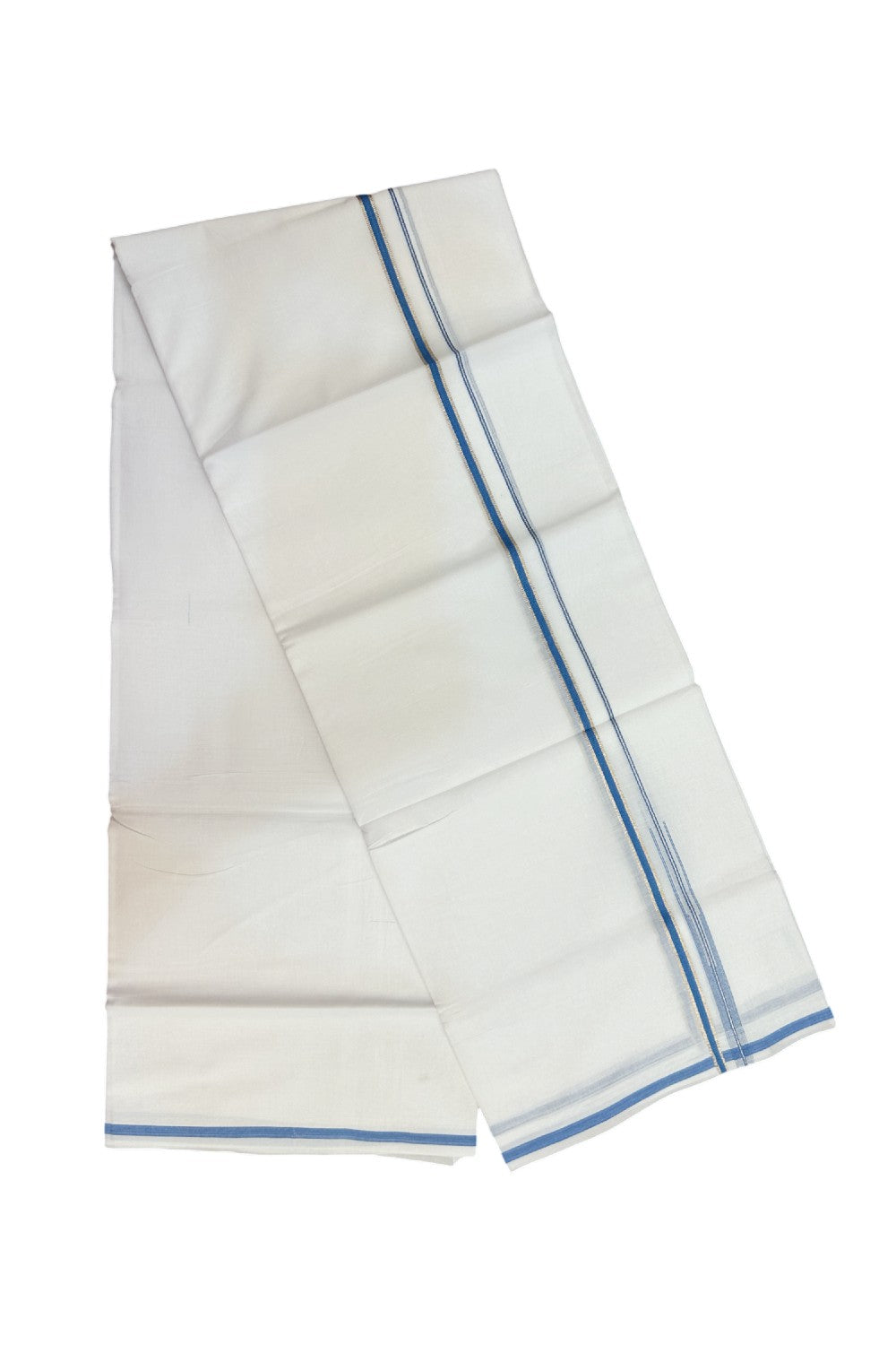20% Discount !! Kaitharikada Balaramapuram 100% Cotton PURE WHITE Double Mundu/Dothi - 100x80 - 0.25 inch Silver Kasavu & Sky Blue Chutty Kara - 7KK5191CKS