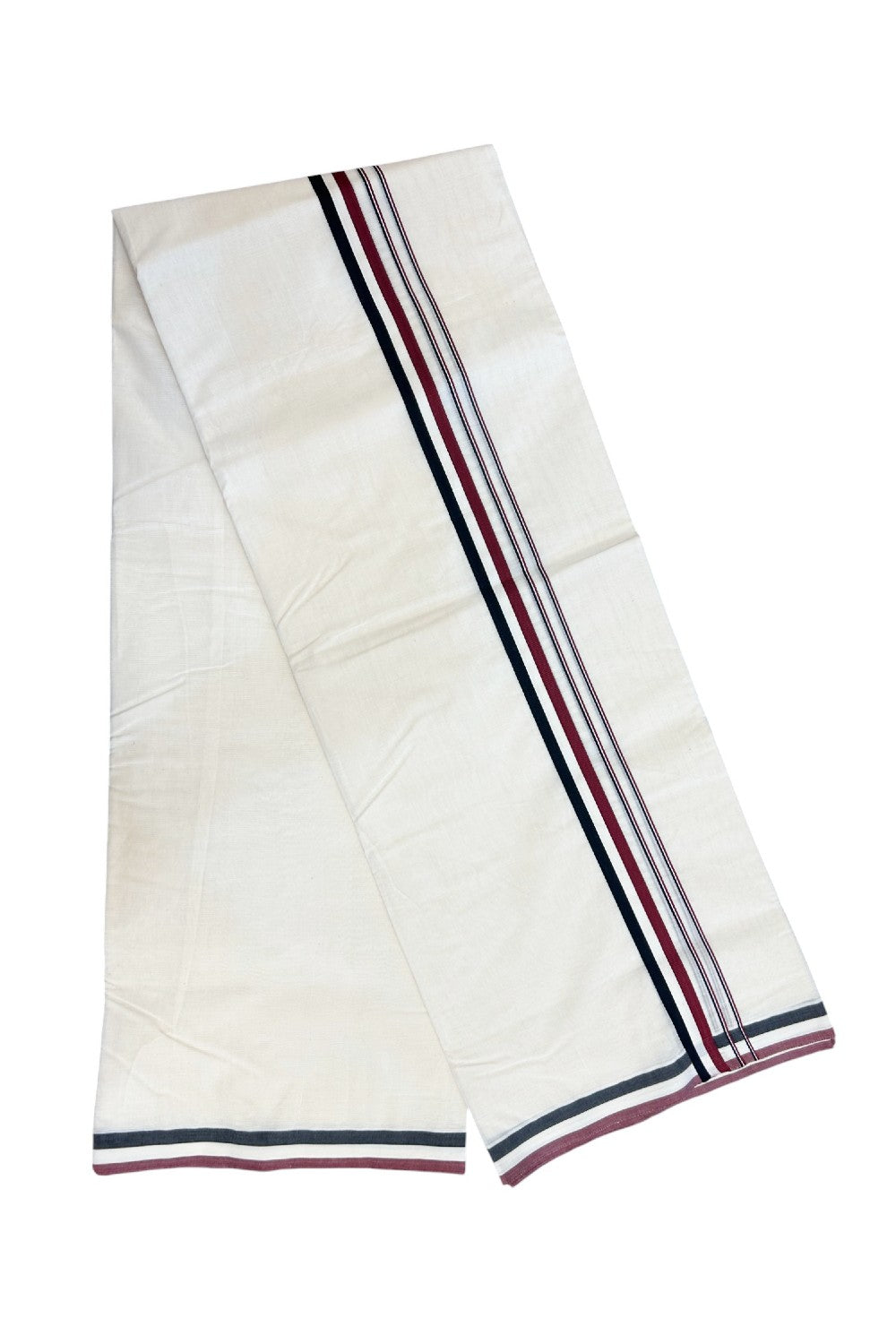 ADMK VESHTI - 22% DISCOUNT! KaithariKada 100% Cotton off white Double - (Unbleached) Mundu/Dhoti - 100X100 - 1 inch Black White & Maroon kara 4 mtr (8.5 muzham) - 7KK5187ASH