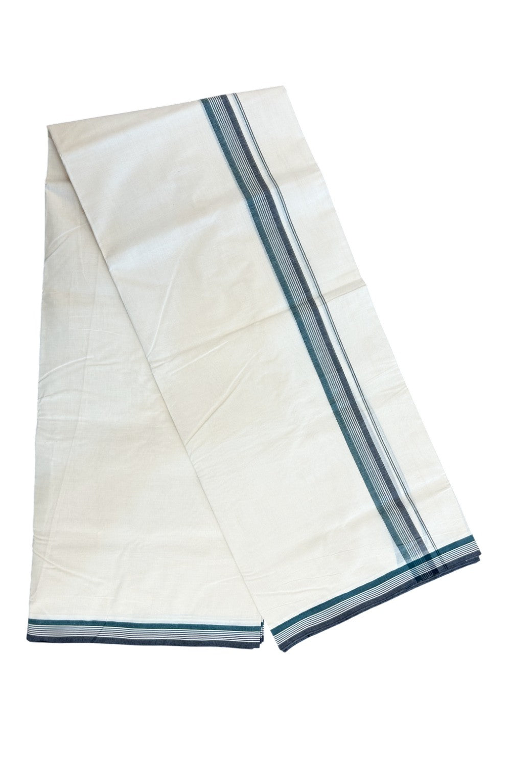 20% DISCOUNT ! KaithariKada 100% Cotton OFF WHITE (Unbleached) Double Dhoti/Mundu- 1.25 inch Black & Green Striped Kara 4.50 Meters (10 Muzham) - 7KK5203ASH