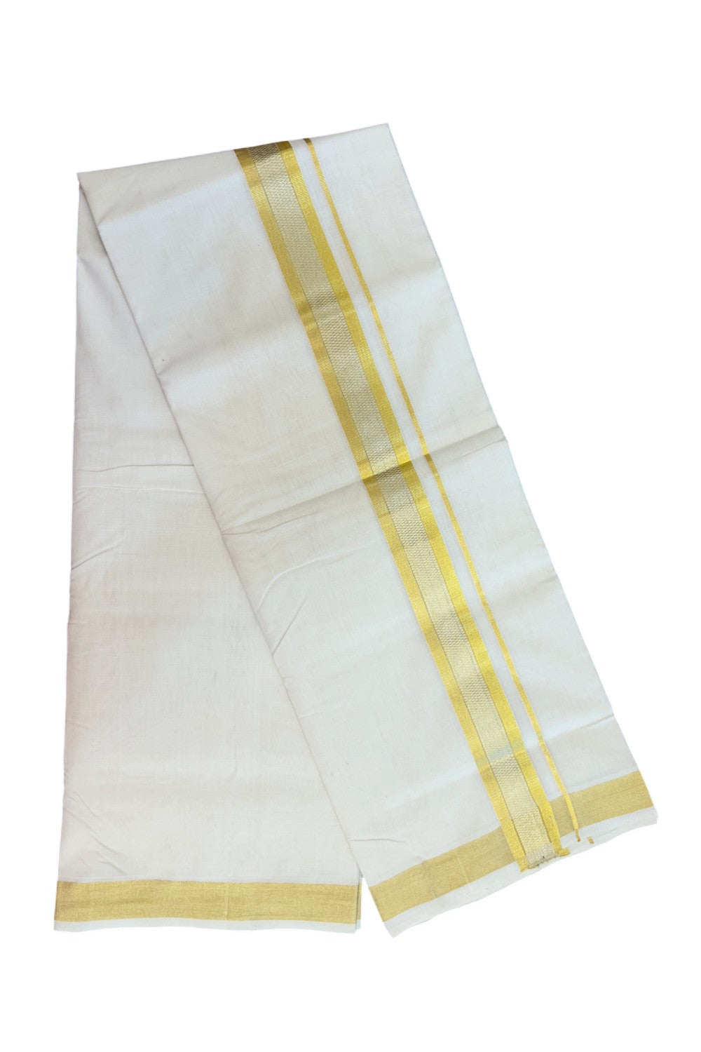 25% DISCOUNT ! KaithariKada HANDLOOM UNAKKUPAAV Balaramapuram - 100% PURE Cotton Off White - (Unbleached) Double Mundu/Dhoti - 1.75 inch Gold Kasavu & Silver Kasavu Striped Design Kara - 7KK5208ABH