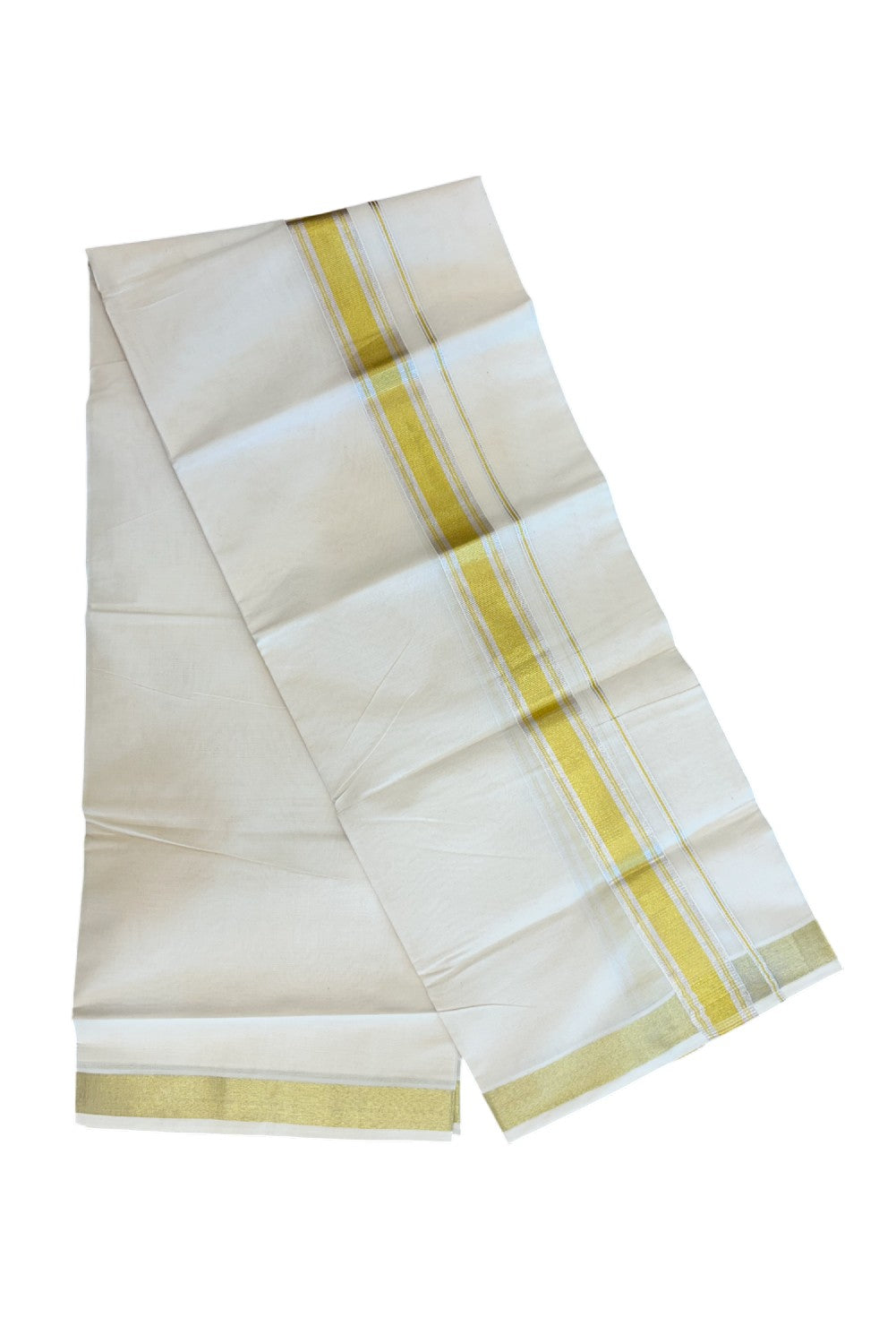 20% DISCOUNT ! KaithariKada Balaramapuram - 100% PURE Cotton Off White - (Unbleached) Double Mundu/Dhoti - 100X80 - 1.5 inch Gold Kasavu & Silver Kasavu Striped Kara - 7KK5212 VIN