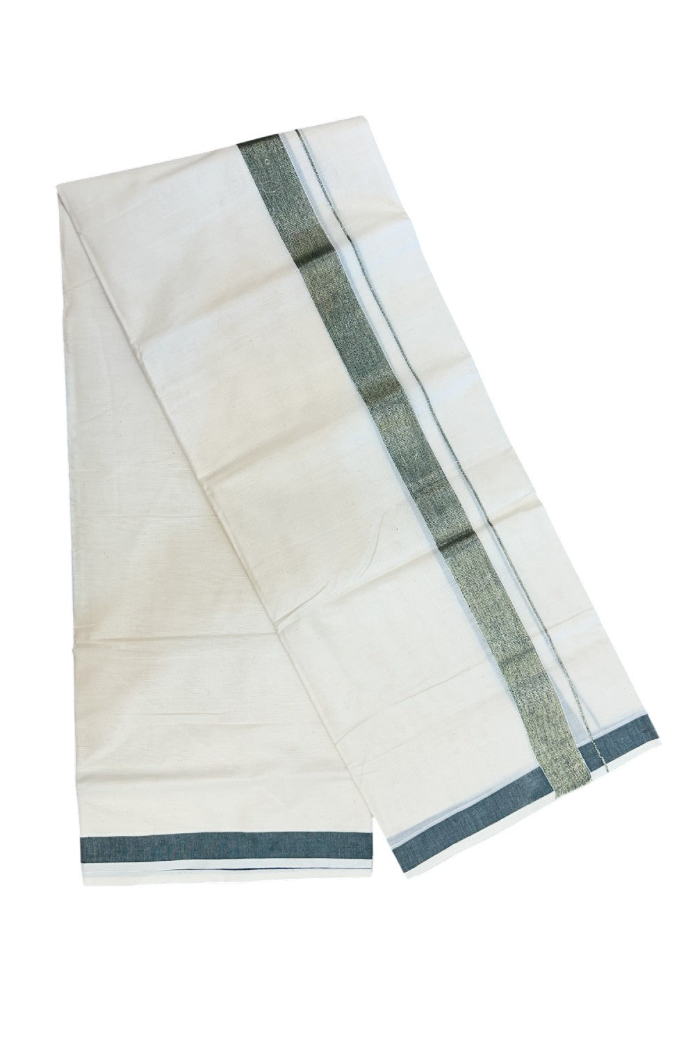 20% DISCOUNT ! KaithariKada Balaramapuram Mixed Cotton OFF WHITE (Unbleached) Double Mundu/Dhoti - 60s Thread Mixed Cotton - 1.5 inch Dark Green & Gold Kasav Kara - 7KK5213 VIN