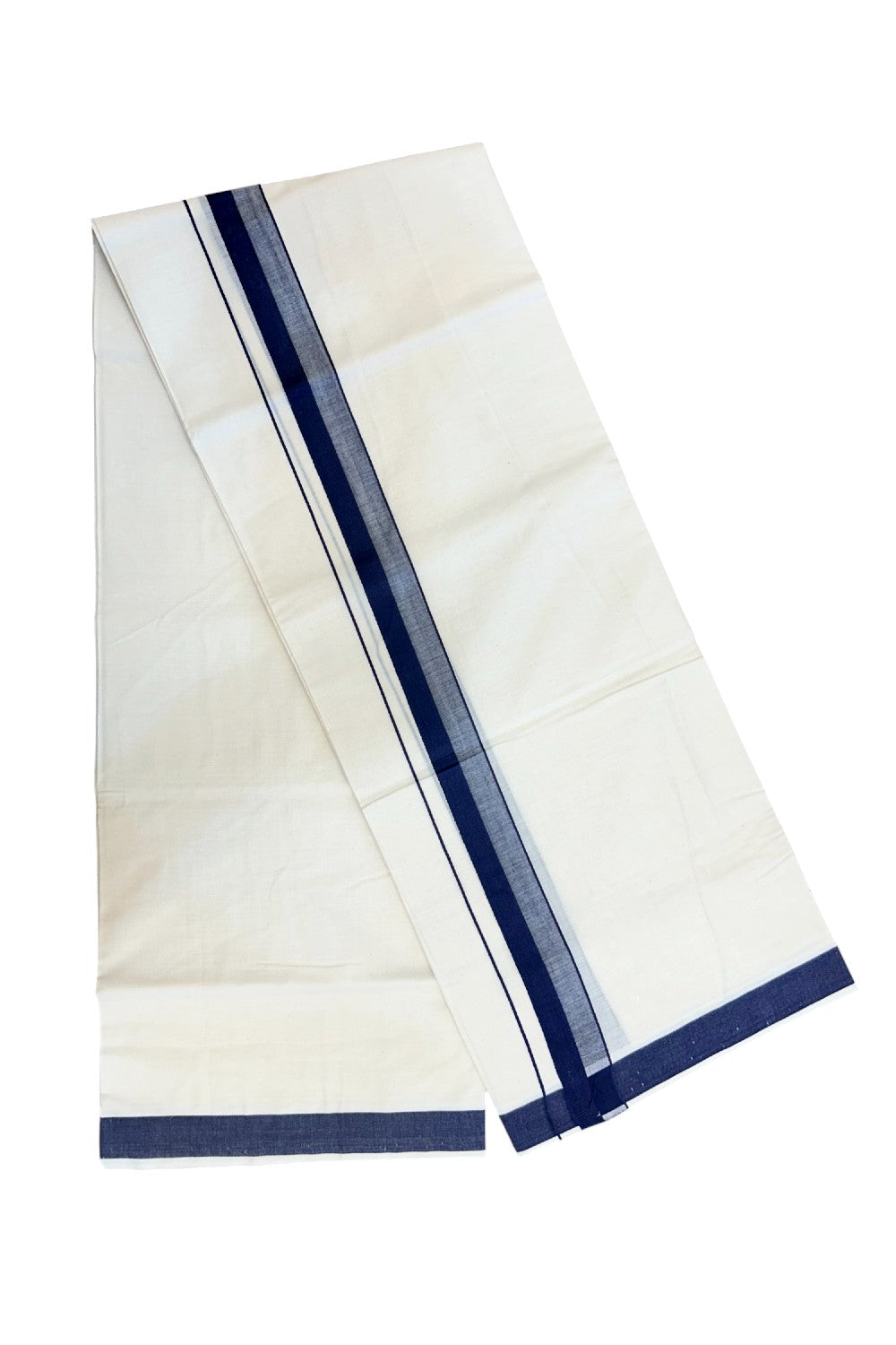 24% Discount ! KaithariKada Balaramapuram 100% Cotton Double OFF WHITE- (Unbleached) - Mundu / Dhoti- 100x80 - 1.5 inch Navy Blue Kara - 7KK5214 MC