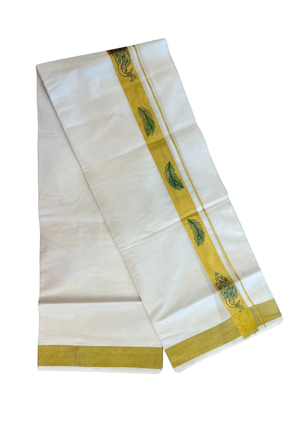 22% Discount!! KaithariKada Balaramapuram 100% Cotton DOUBLE OFF WHITE - (Ubleached) Mundu/Dhoti - 80x90 - 1.5 inch Gold Kasavu with Light Green Peacock & Peacock Feather Printed Design Kara - 7KK5219 GAN
