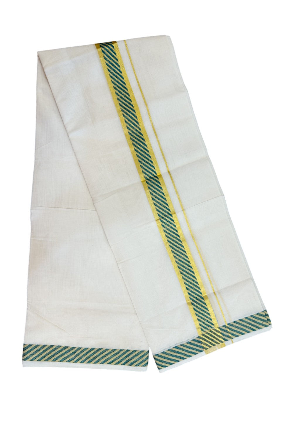 25% DISCOUNT ! KaithariKada HANDLOOM Unakkupaav Balaramapuram - 100% PURE Cotton OFF WHITE - (Unbleached) Double Mundu/Dhoti - 80x90 - 1.5 inch Gold Kasavu & Green Jacquard Design Kara 4 mtr (8.5 Muzham) - 6KK5231 ABH