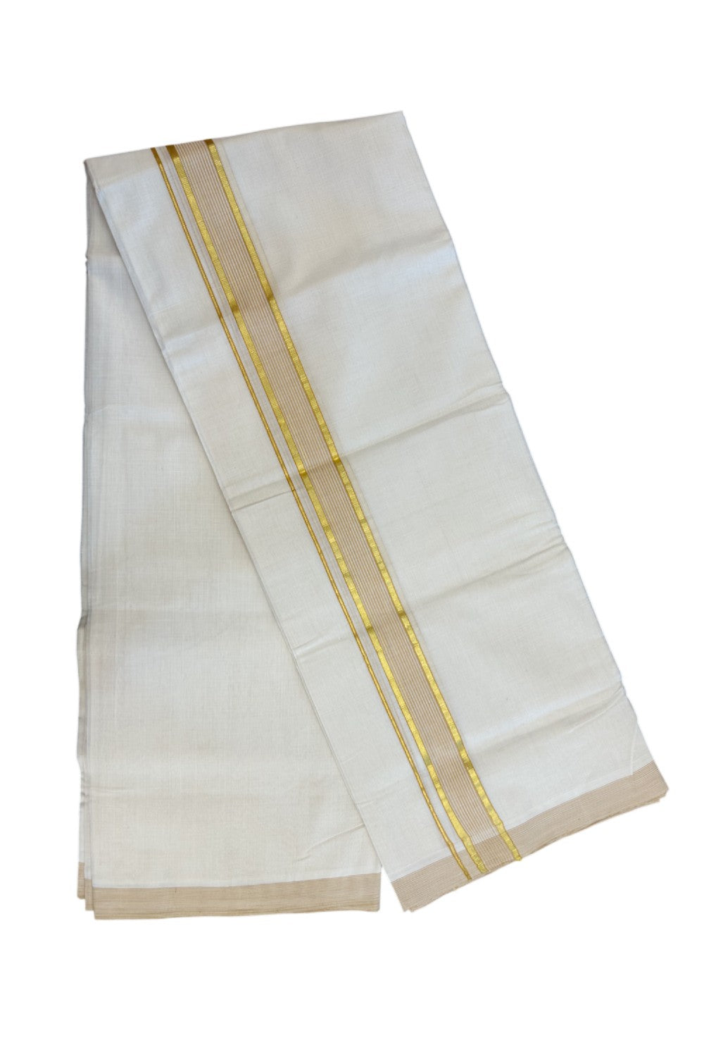25% DISCOUNT!! KaithariKada HANDLOOM Millpaav Balaramapuram - 100% PURE Cotton OFF White Double (Unbleached) Mundu/Dothi - 80x90 - 1.5 Inch Gold Kasavu & Light Orange Stripes Kara 4 mtr (8.5 muzham) - 7KK5234 RAM