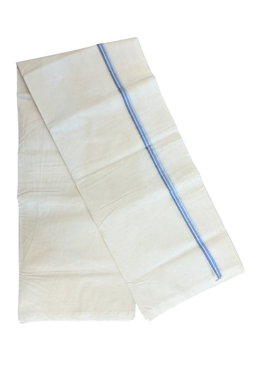NEW !! 20% DISCOUNT!! KaithariKada Balaramapuram 100% Cotton Double Off white - (Unbleached) Mundu/Dhoti-100x100 - 1.5 cm Silver Kasavu & Blue Shaded Striped Design KARA - 4.36 mtr (9.34 Muzham) - 8KK5238 ASH