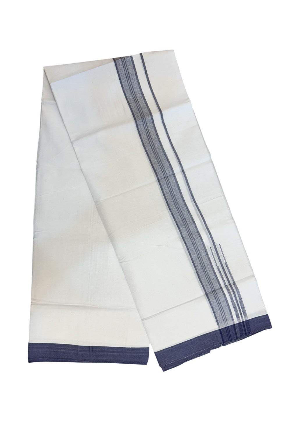 20% Discount!!! KaithariKada Balaramapuram Double PURE WHITE Mundu/Dhoti - (80s) - 1.5 inch puliyilakkara Navy Blue Shaded Striped chutty Kara - 3.86 mtr ( 8 muzham)- 7KK5239 GAN