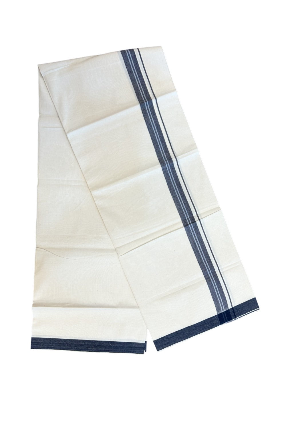 24% Discount !! KaithariKada Balaramapuram 100% Cotton OFF WHITE (Unbleached) Single Mundu/Dhoti - Twisted 60s Thread - 1 inch Navy blue & black shaded striped Kara (2 meter / 4 muzham) - 37KK5241 GL