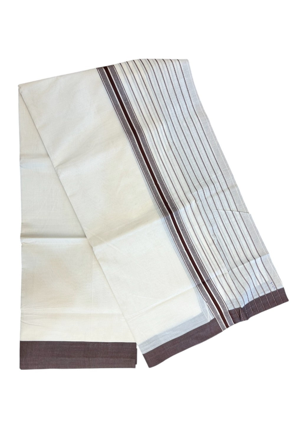 20% Discount !! KaithariKada Balaramapuram Double OFF WHITE (Unbleached) Mundu/Dhoti - 100x80 - 8 inch Brown & Silver Striped kara 4 mtr (8.5 muzham) - 7KK5243 PMC