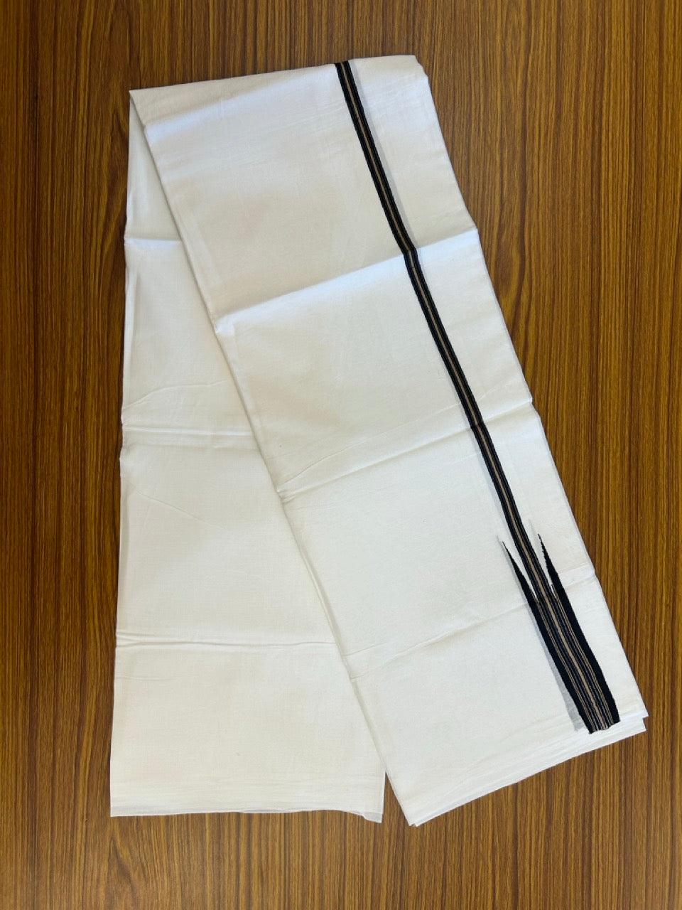 37% Discount ! NEW! KaithariKada Balaramapuram 100% Cotton Pure white Double Mundu/Dhoti - (100x80)s - Heavy Chutty Black Sand Brown Stripes - 7 KK5252 CKS