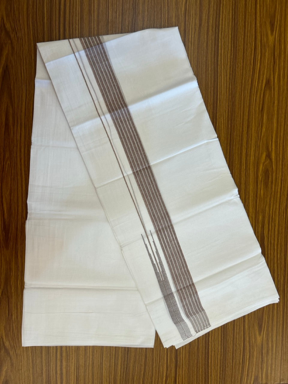 24% Discount! KaithariKada Balaramapuram 100% Cotton Pure white Double Mundu/Dhoti - (100x80)s - 1.5 inch Puliyilakkara Brown Stripes Chutty - 107 KK5258 THI