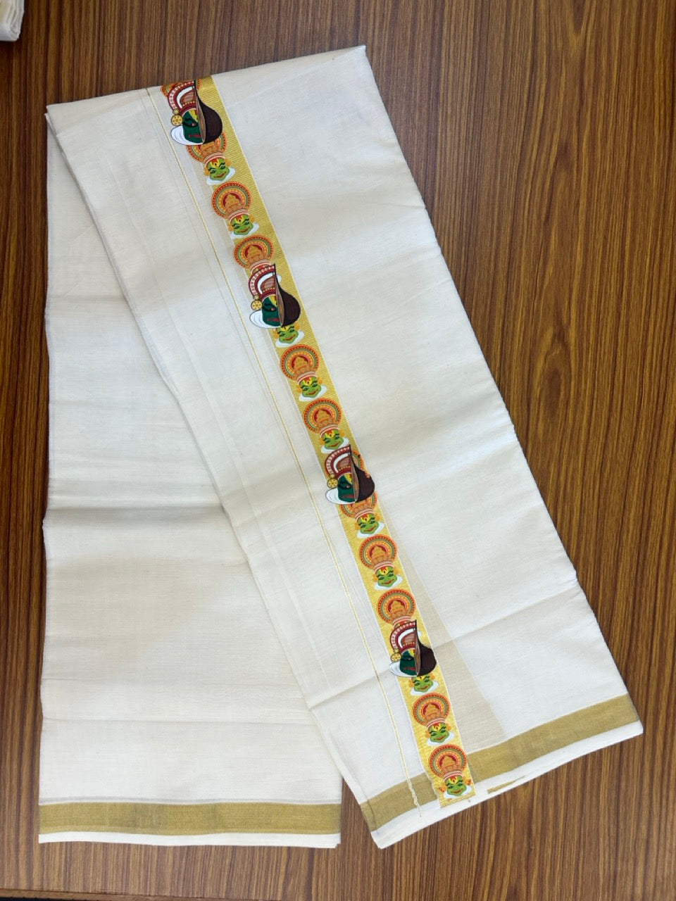 25% Discount!! KaithariKada Balaramapuram Mixed Cotton Double Off white - (Ubleached) Mundu/Dhoti - 80x72 - 1.25 inch Kasavu & Kathakali Printed Design Kara - 7 KK5262 MUT
