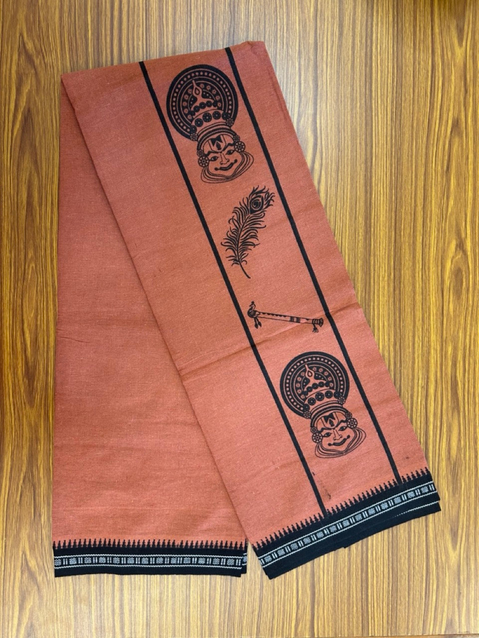 8% Discount!!! Kaitharikada Mixed Cotton Single KAVI - Kaily / Lungi - 3.25 inch BLACK Kathakali Flute Peacock kara Kuppadam Border (2 meter / 4 muzham) - 7KK8027AS