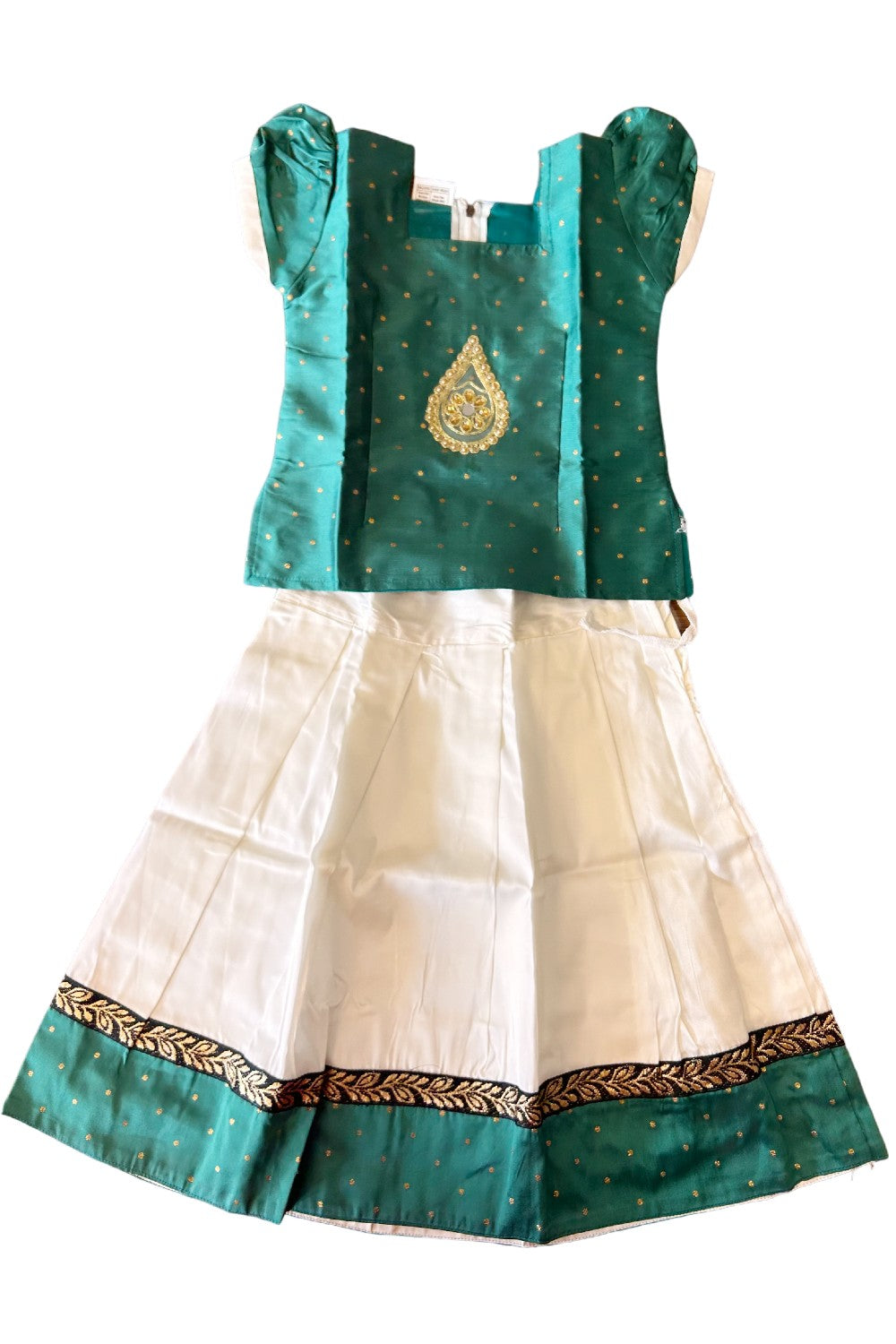 Midukki-Traditional South Indian Kids Pattu Pavada- Green top offwhite skirt with leaf border design - Age 3 - KK3MID007