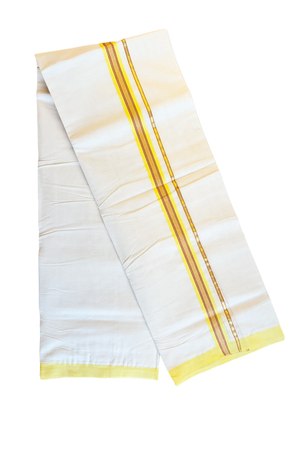 25% DISCOUNT!! KaithariKada HANDLOOM Unakkupaavu Balaramapuram - 100% PURE Cotton OFF White (Unbleached) Double Mundu/Dothi - YELLOW + RED Kasavu Striped 1 inch Kara - KK46SOM - 7.
